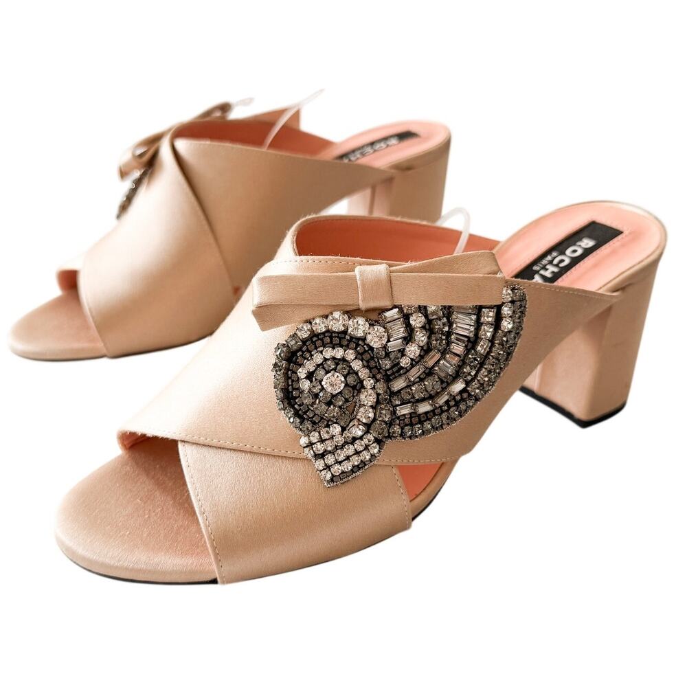 Rochas Paris Crystal Satin Bow Mule Heels 37.5 NWT $720 Made Italy Rare